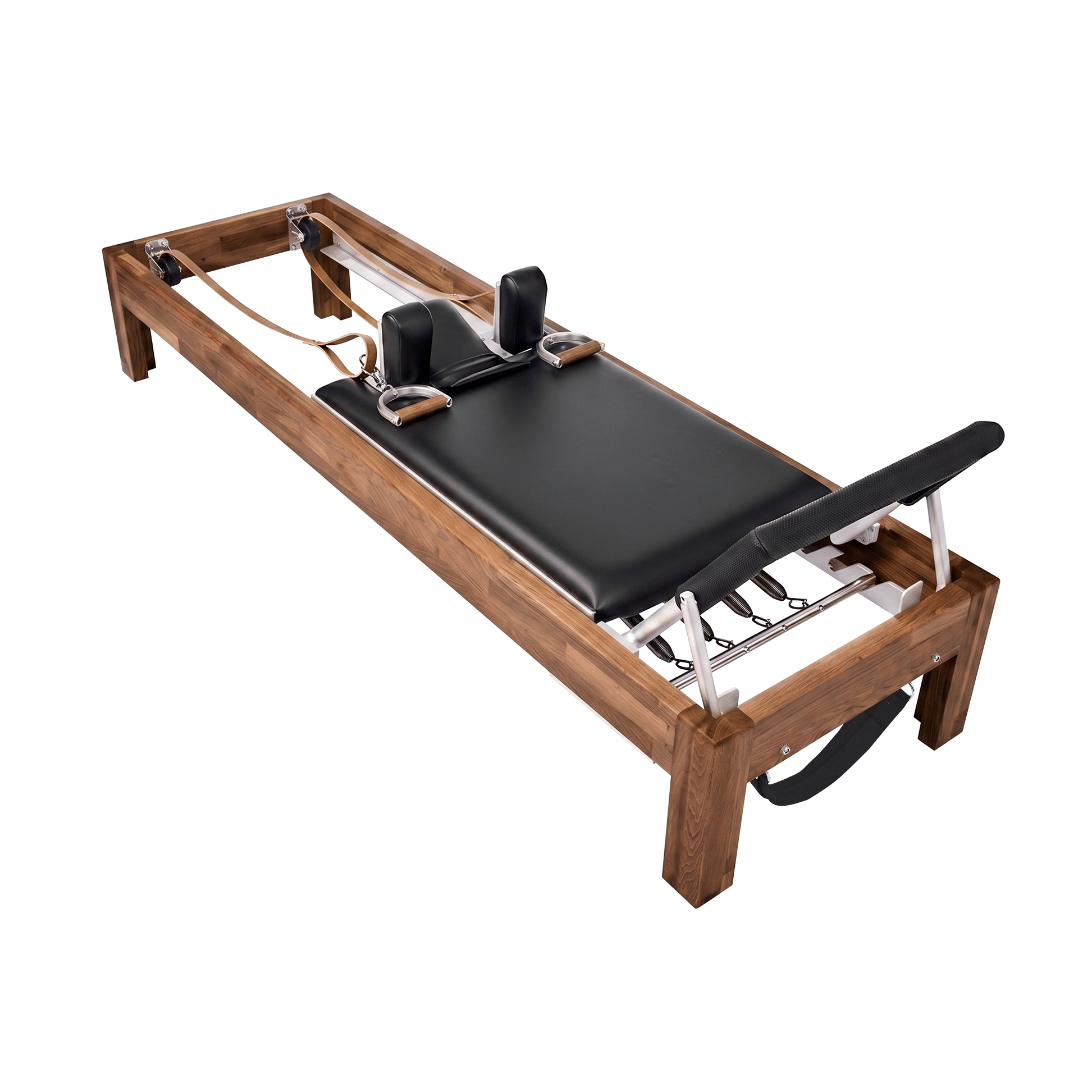 Solid Walnut Reformer, premium boutique pilates studio equipment by Consta Pilates Equipment.